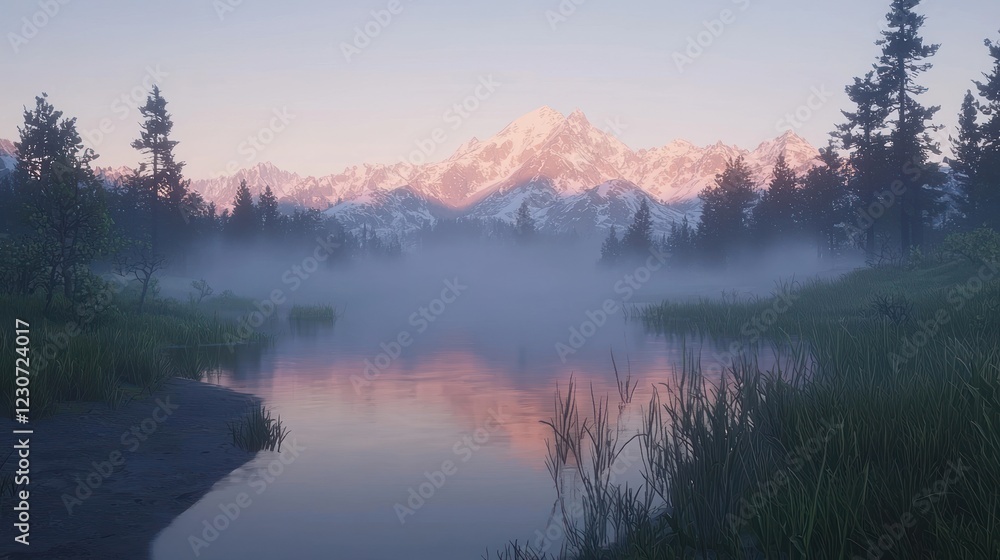 Fototapeta premium Misty dawn over tranquil lake reflecting snow-capped mountains.