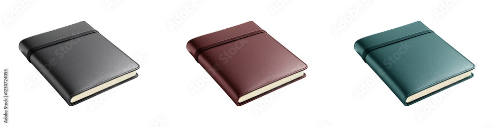 Three leather-bound notebooks in black, brown, and teal, isolated on transparent and white background Three leather-bound notebooks in black, brown, and teal, isolated on transparent and white background