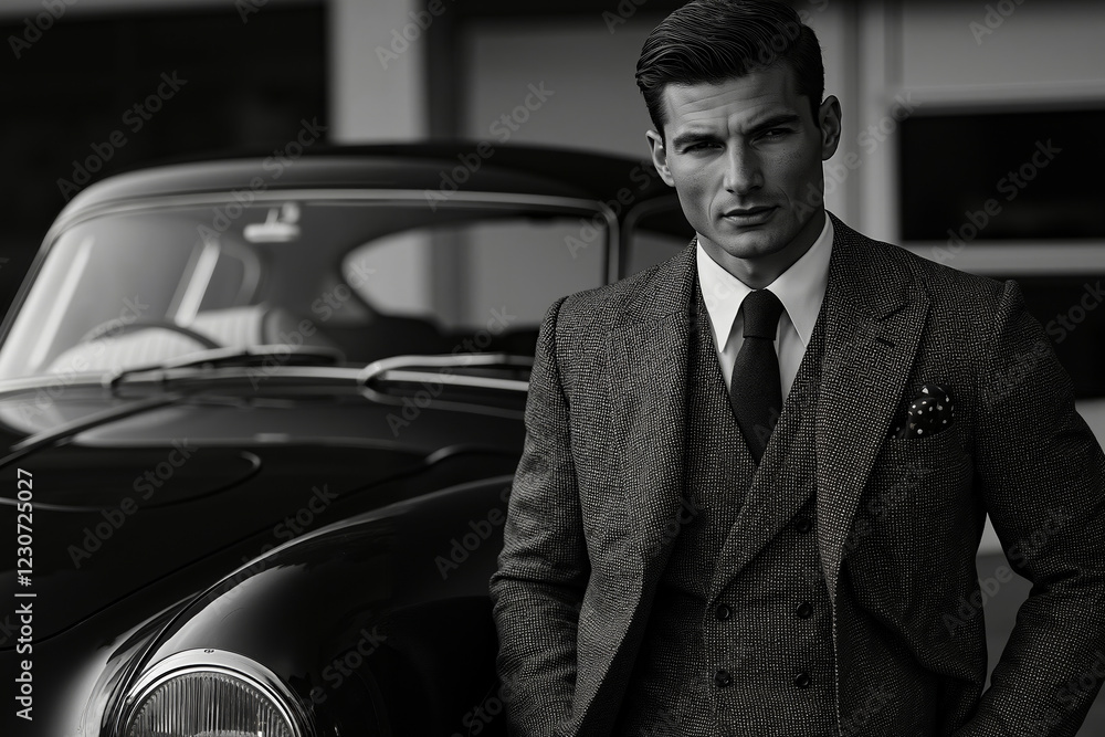 A man in a suit standing next to a car A man in a suit standing next to a car