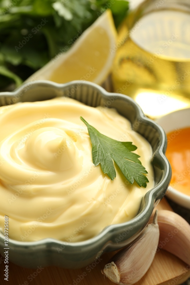 Delicious mayonnaise sauce in bowl and ingredients on table, closeup Delicious mayonnaise sauce in bowl and ingredients on table, closeup
