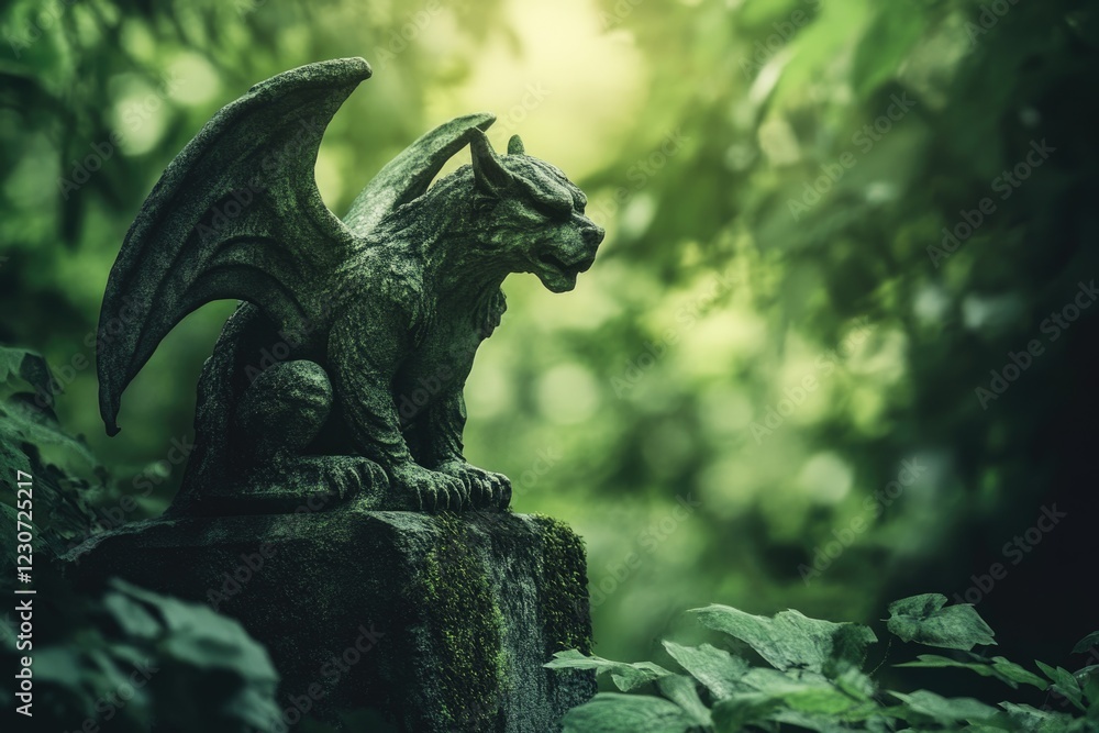 A weathered gargoyle statue, perched atop a moss-covered stone, sits amidst a lush green forest. A weathered gargoyle statue, perched atop a moss-covered stone, sits amidst a lush green forest.