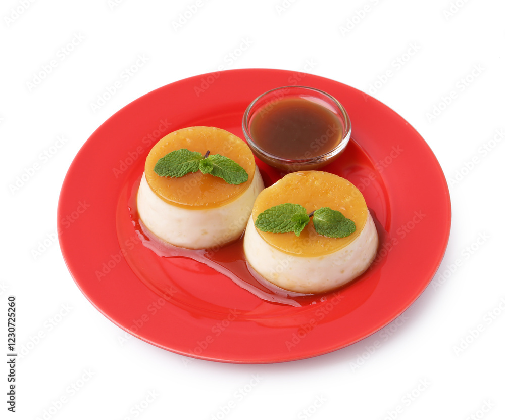 Tasty puddings with caramel sauce and mint isolated on white Tasty puddings with caramel sauce and mint isolated on white