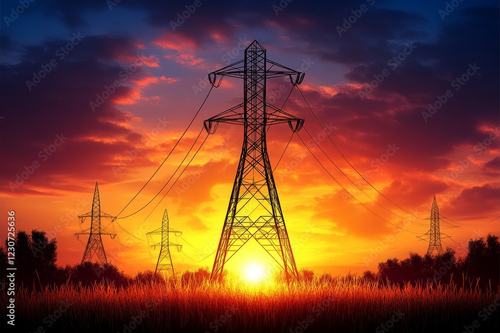 Fototapeta premium Sunset illuminates power lines silhouetted against a colorful sky in an open landscape