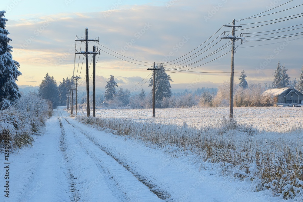 Winter landscape featuring snow-covered road and power lines in a rural area during early morning light Winter landscape featuring snow-covered road and power lines in a rural area during early morning light