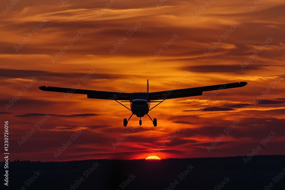 Silhouette of an airplane flying against a golden sunset sky over distant hills. Generative AI Silhouette of an airplane flying against a golden sunset sky over distant hills. Generative AI