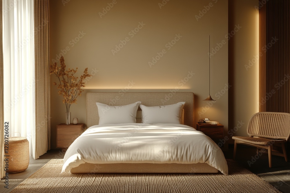 Obraz premium Modern bedroom design featuring neutral tones and natural textures in a serene setting