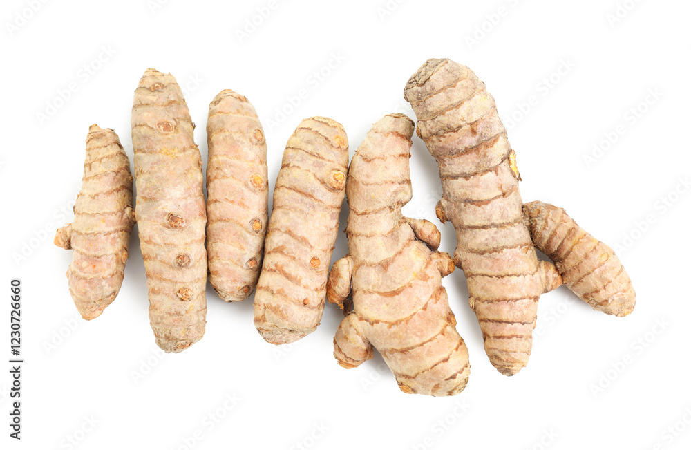 Fresh turmeric roots isolated on white, top view Fresh turmeric roots isolated on white, top view