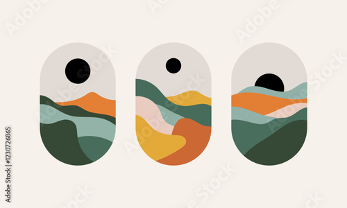 Vector illustration. Modern abstraction with soft transitions of beige, green, brown colors. Organic wavy shapes.