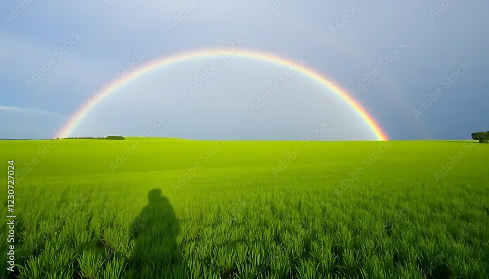 Naklejka premium Rainbow Arcing Over Lush Green Field Shadow