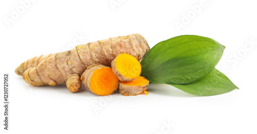 Tableau sur toile Tumeric rhizomes with leaves isolated on white