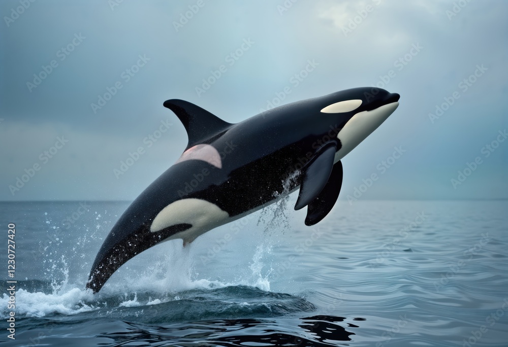 Fototapeta premium Killer whale leaping high out of ocean water. Powerful marine mammal in dynamic action. Wildlife photo captures energy, power of nature. Whale black, white markings show in detail. Scene wild animal