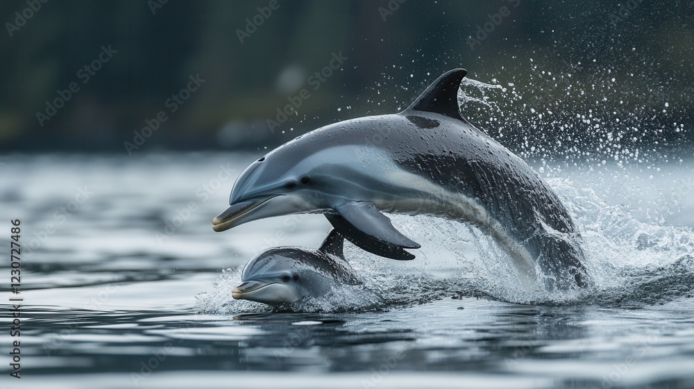 Obraz premium Two dolphins leaping out of the water, mirror reflection on the water surface, marine mammals, dynamic motion, natural harmony, oceanic life, perfect for advertising, design, and illustrations