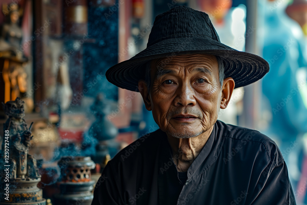 A man wearing a black hat sitting in front of a store A man wearing a black hat sitting in front of a store