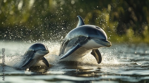 Two dolphins swimming in the water, splashes against a golden sunset, dynamic motion, natural harmony, marine mammals, oceanic nature, perfect for advertising, design, and illustrations photo