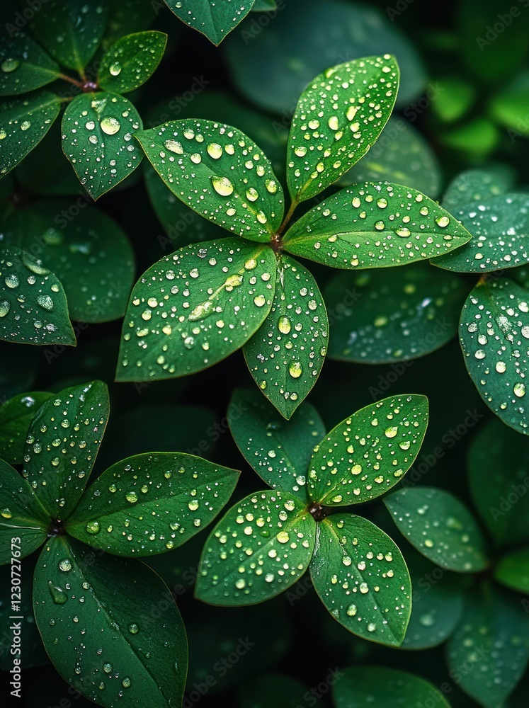 Fototapeta premium Dew-kissed leaves, garden backdrop, nature close-up, website banner