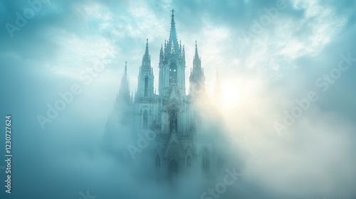 Mystical church shrouded in fog, sun rays.