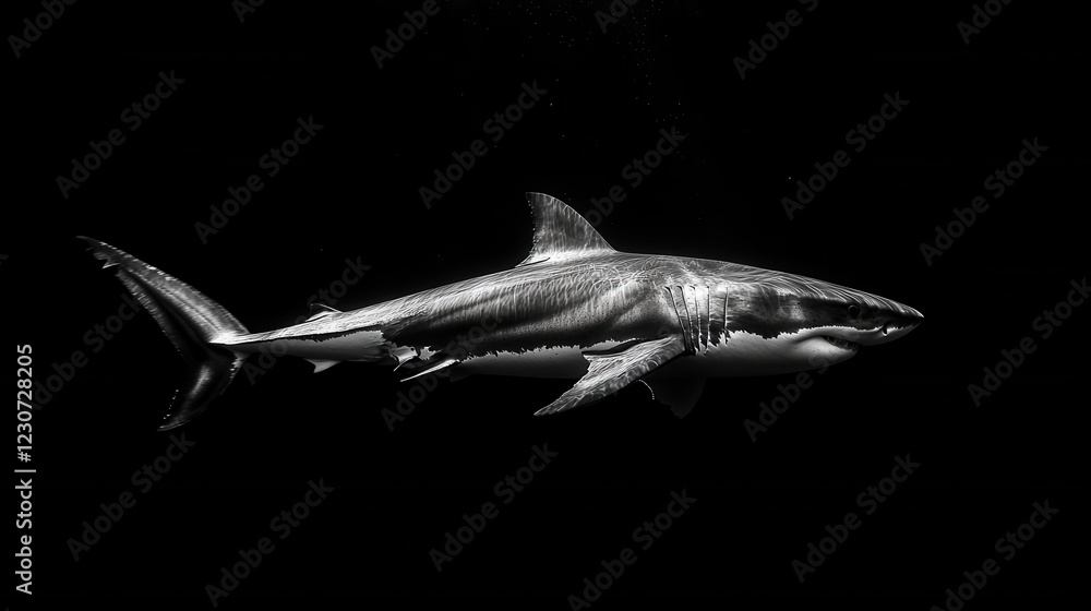 Fototapeta premium Great white shark in the dark ocean depths, striking lighting, marine predator, underwater world, wildlife, perfect for advertising, design, and illustrations