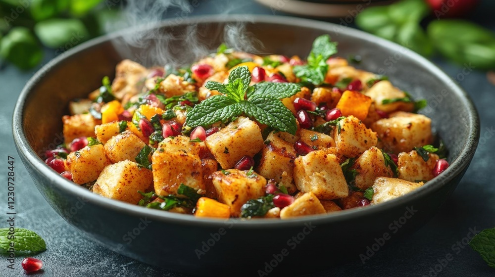 Warm Steaming Salad with Pomegranate and Mint in Dark Bowl Warm Steaming Salad with Pomegranate and Mint in Dark Bowl