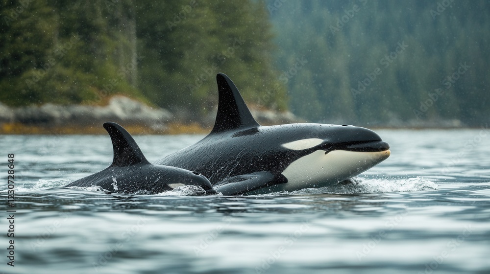 Fototapeta premium Killer whale with her calf in a natural habitat, cold waters, oceanic nature, marine mammals, family bond, wildlife, perfect for advertising, design, and illustrations