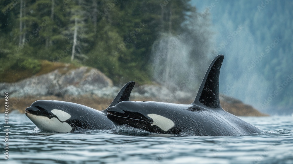Fototapeta premium Killer whale with her calf in a natural habitat, cold waters, oceanic nature, marine mammals, family bond, wildlife, perfect for advertising, design, and illustrations
