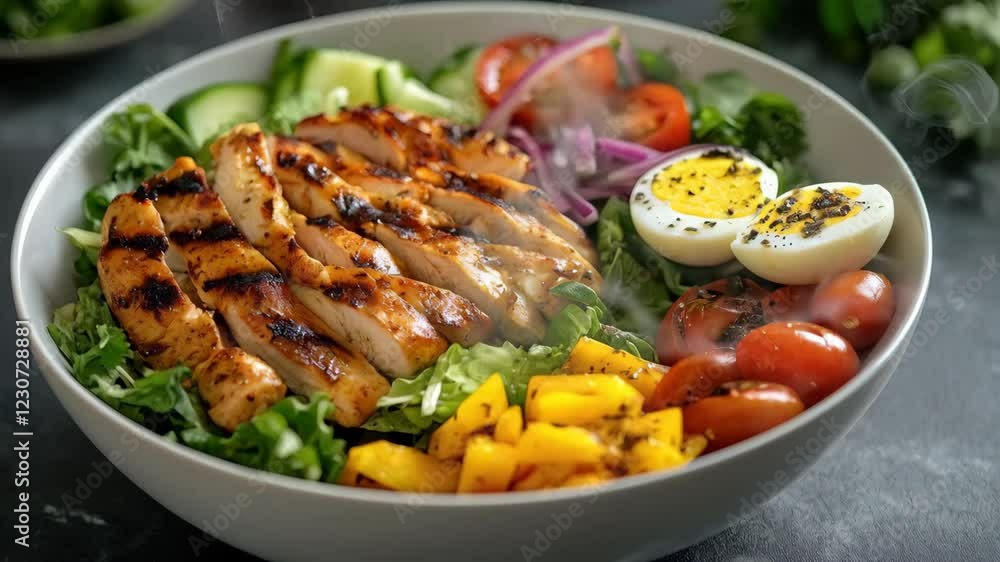 Steaming grilled chicken salad with fresh vegetables and eggs in vibrant bowl Steaming grilled chicken salad with fresh vegetables and eggs in vibrant bowl