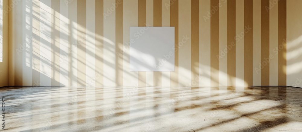 Obraz premium Bright and spacious gallery interior with striped walls and sunlight casting shadows