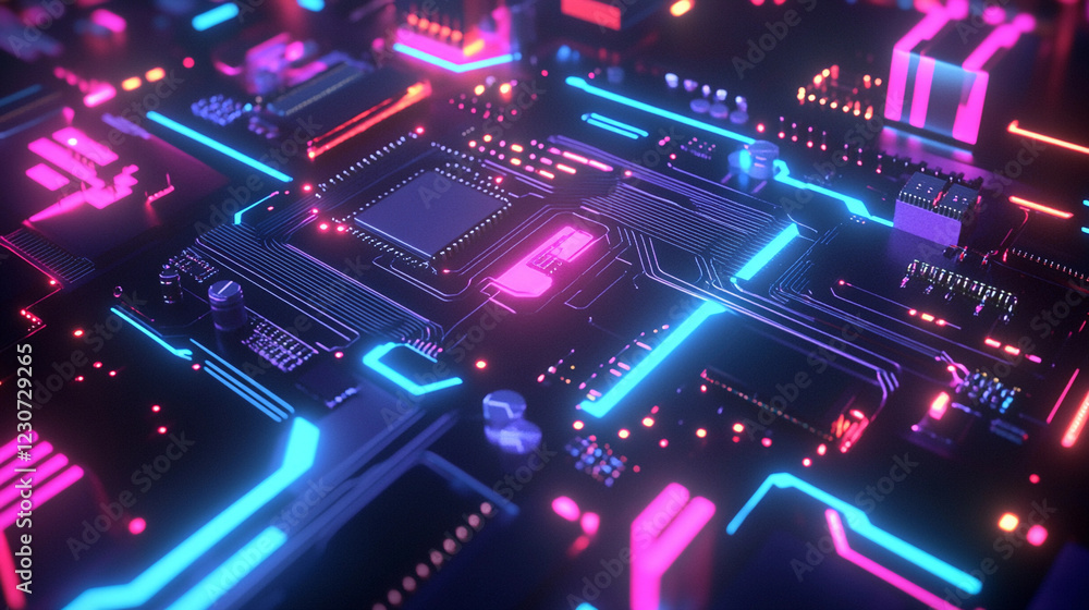 Obraz premium Vibrant electronic circuit board showcasing intricate design and colorful patterns with a futuristic aesthetic and advanced technology elements. Generative AI