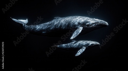 Humpback whale and calf, underwater photography in the deep ocean, wildlife, marine mammals, dark background, close-up, perfect for ecology, design, advertising, and illustrations photo