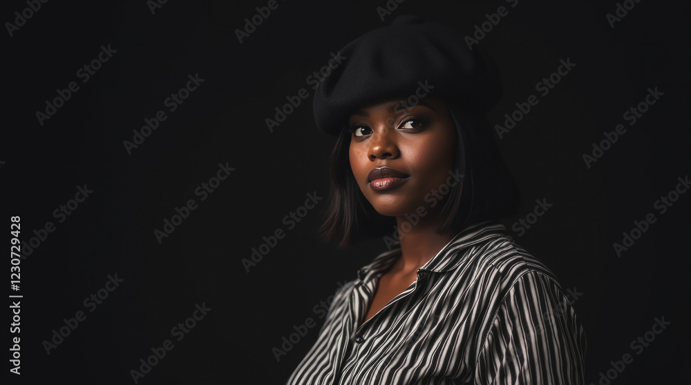 Parisian Panache – A Portrait of a Chic Plus-Size Black Woman in a Fashionable Beret and Striped Blouse Parisian Panache – A Portrait of a Chic Plus-Size Black Woman in a Fashionable Beret and Striped Blouse