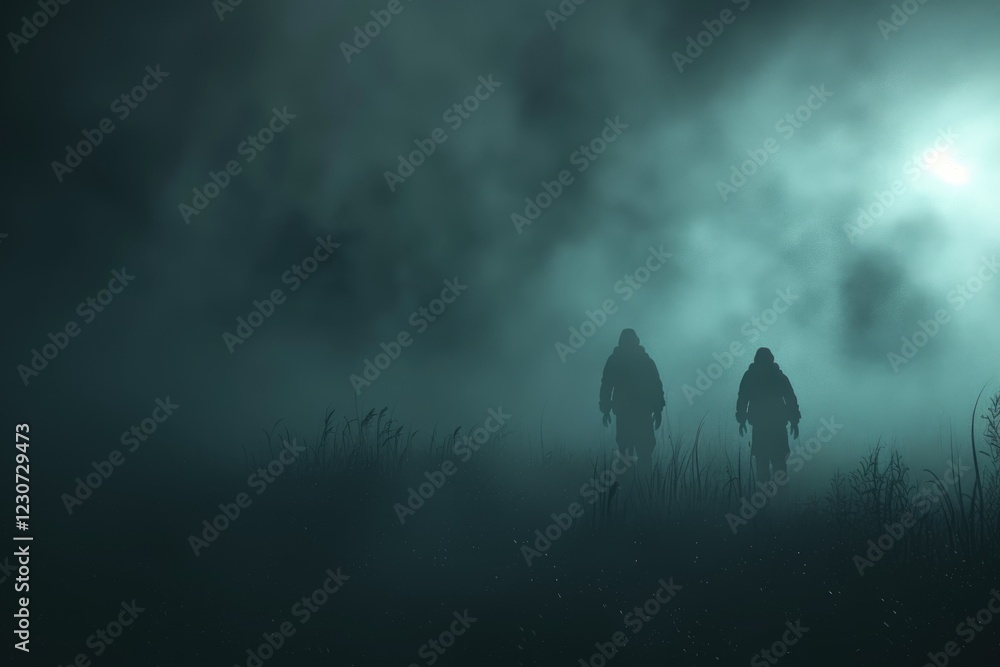 Ghostly figures in a dark foggy background. high contrast image. 3D Rendering illustration Ghostly figures in a dark foggy background. high contrast image. 3D Rendering illustration
