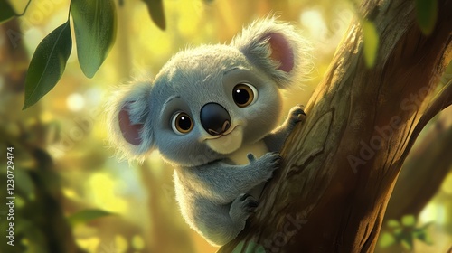 Adorable koala cub on tree, sunlit forest, children's book illustration photo