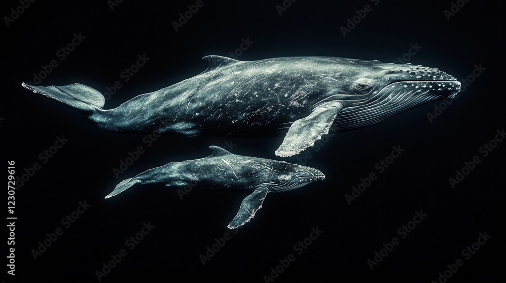 Fototapeta premium Humpback whale and calf, underwater photography in the deep ocean, wildlife, marine mammals, dark background, close-up, perfect for ecology, design, advertising, and illustrations