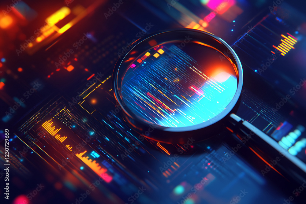 Magnifying glass focused on colorful glowing code with a digital background, symbolizing data analysis, programming, and technology, representing deep examination and cybersecurity Magnifying glass focused on colorful glowing code with a digital background, symbolizing data analysis, programming, and technology, representing deep examination and cybersecurity