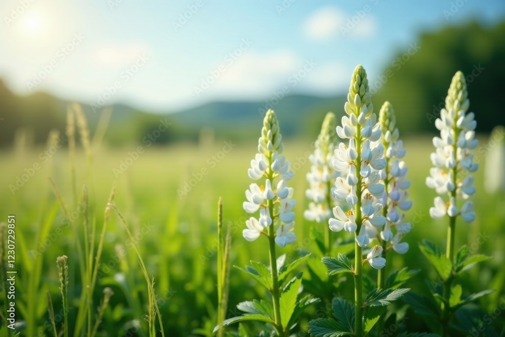 White lupine flowers amidst a field of tall grasses, grasslands, spring, flowers White lupine flowers amidst a field of tall grasses, grasslands, spring, flowers
