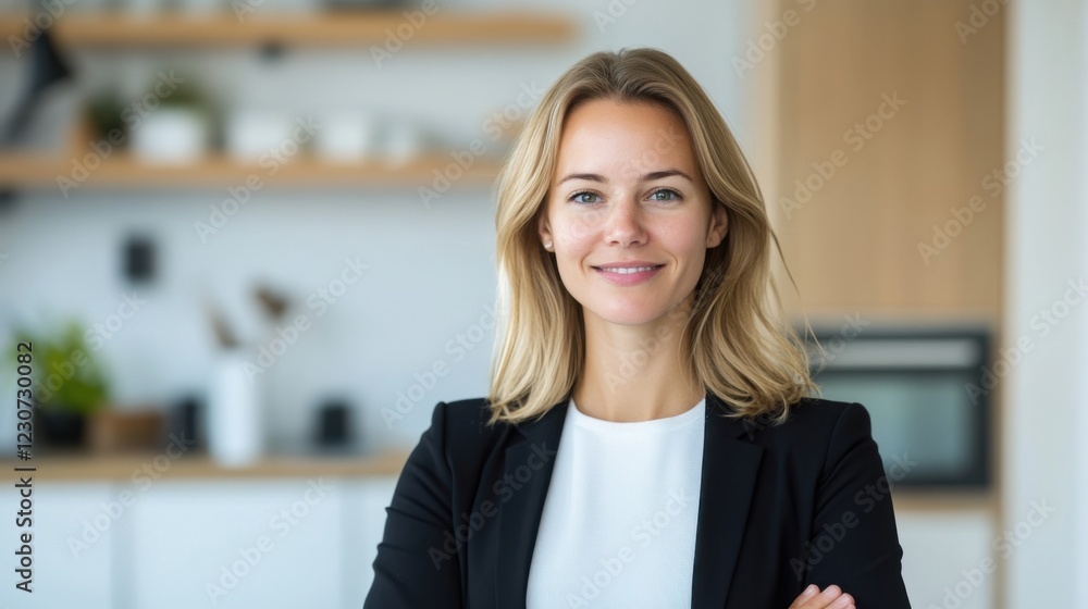 Confident businesswoman standing with arms crossed in modern kitchen setting, smiling at the camera with self-assurance Confident businesswoman standing with arms crossed in modern kitchen setting, smiling at the camera with self-assurance