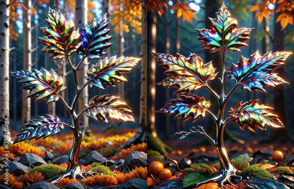 Fototapeta premium Detailed Metallic Fern in a Mysterious Forest: Hyperrealistic 3D Sculpture with Carved, Iridescent Leaves. Experience the Atmospheric, Dark Fantasy Vibe of this unique botanical artwork