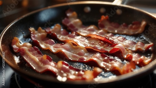 Wallpaper Mural Perfectly cooked bacon sizzling in skillet during morning breakfast preparation Torontodigital.ca