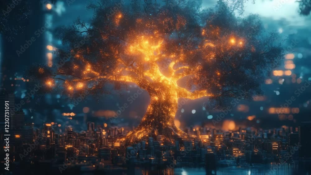 Enchanted tree ignites cityscape with vibrant glowing light Enchanted tree ignites cityscape with vibrant glowing light