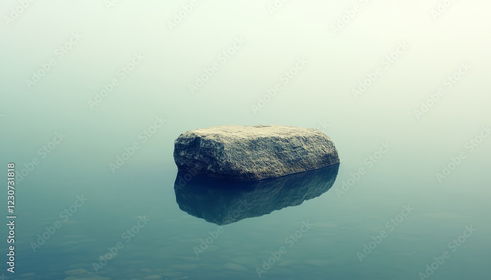 Naklejka premium Solitary rock in calm, misty water with its reflection.