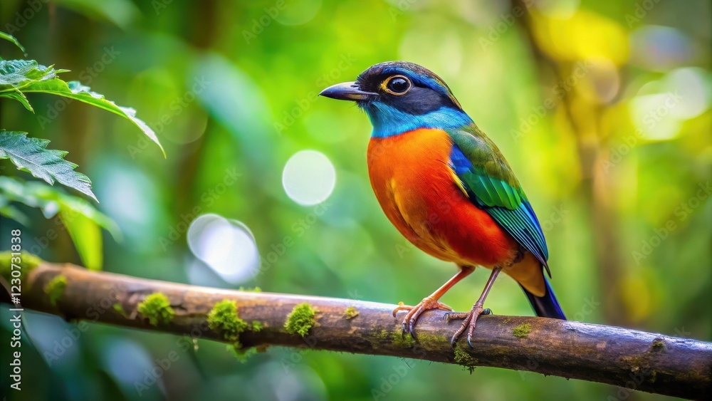 A small bird with bright plumage perched on a thin branch in a lush forest surrounded by tall trees and leaves , birdsong, forest A small bird with bright plumage perched on a thin branch in a lush forest surrounded by tall trees and leaves , birdsong, forest