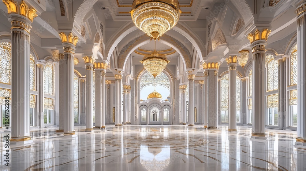 Fototapeta premium The interior design of Masjid Ummu Al Karimah in Sawangan, Depok City, West Java, Indonesia is exceptionally stunning and opulent, showcasing exquisite architectural details. 