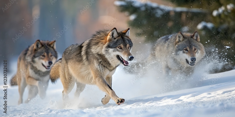Naklejka premium Wolf pack hunting in winter wilderness – Dynamic action shot