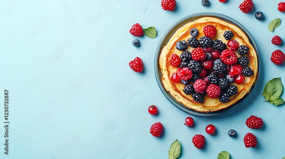 Top-down perspective of a Dutch baby pancake with berries scattered on a blue surface, leaving room for text or design elements. Top-down perspective of a Dutch baby pancake with berries scattered on a blue surface, leaving room for text or design elements.