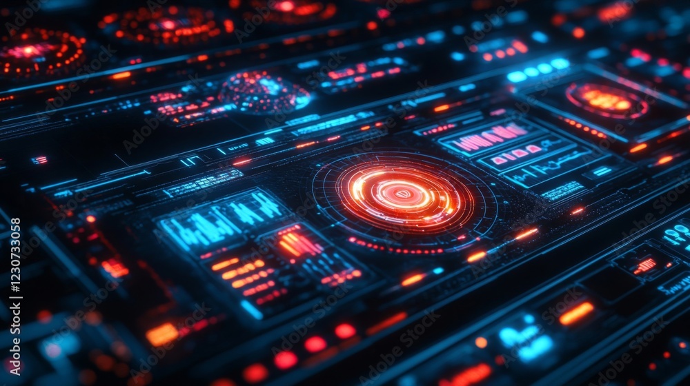 Abstract Futuristic Digital Interface with Red and Blue Neon Lights Abstract Futuristic Digital Interface with Red and Blue Neon Lights