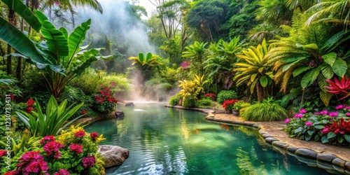 Lush tropical plants and vibrant flowers surround natural hot springs in a serene botanical garden, botanical gardens, scenic views