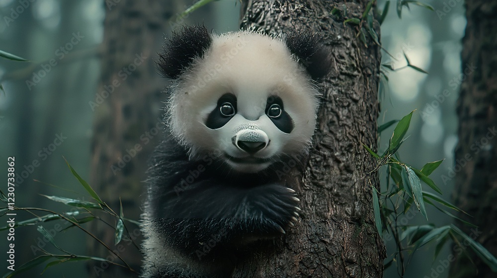 Obraz premium a panda bear on a tree in a forest surrounded by a crisp background of trees and leaves