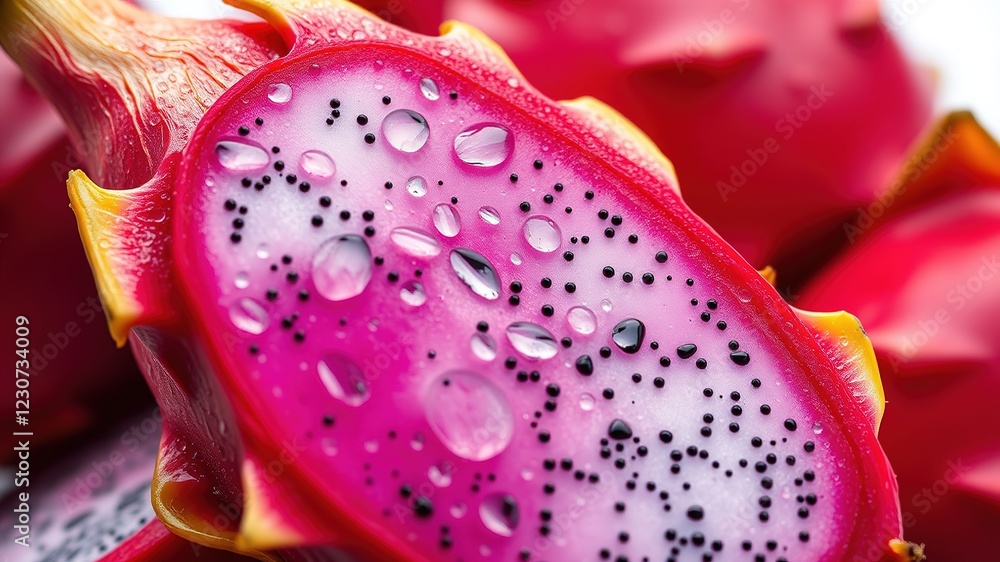 Fresh Red Dragon Fruit Close-Up with Water Drops Fresh Red Dragon Fruit Close-Up with Water Drops