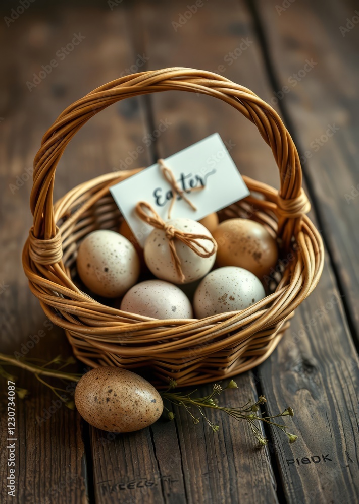 A wicker basket with speckled eggs and a gift card on a rustic wooden surface easter egg holiday illustration celebration easter A wicker basket with speckled eggs and a gift card on a rustic wooden surface easter egg holiday illustration celebration easter