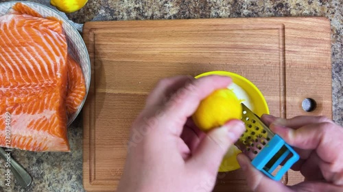 The process of salting salmon fish. Lemon zest is grated on a fine grater to prepare the salting mixture. Top view. photo