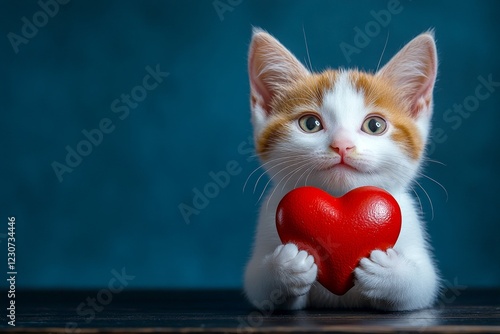 Japanese bobtail - my cherished cat. Commercial creative concept art. Cute japanese bobtail baby cat with critter toy red heart - emblem of love, funny greeting card. Valentine's pet art image. photo